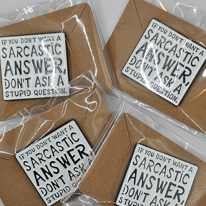 Sarcastic Answers Only” Enamel Pin – Snarky Square Edition