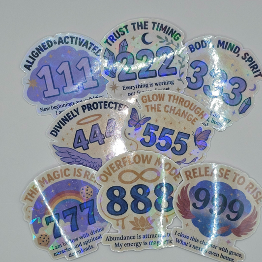 Holographic Angel Number Sticker Pack – 111 to 999 Spiritual Affirmation Decals for Manifestation & Alignment